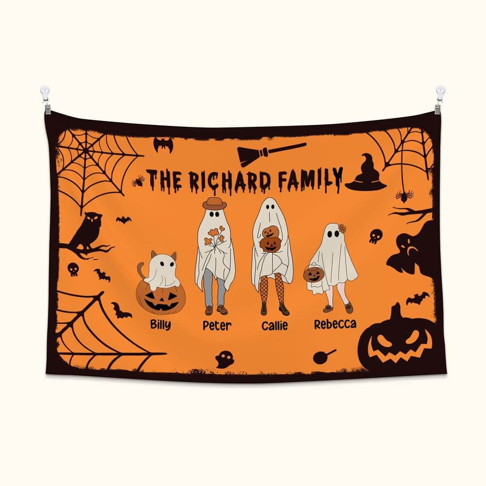 Personalizado Multicolor Halloween Tema de dibujos animados Fantasma Familia Tapiz con 2-10 nombres Telón de fondo Pared Decoración Fiesta de