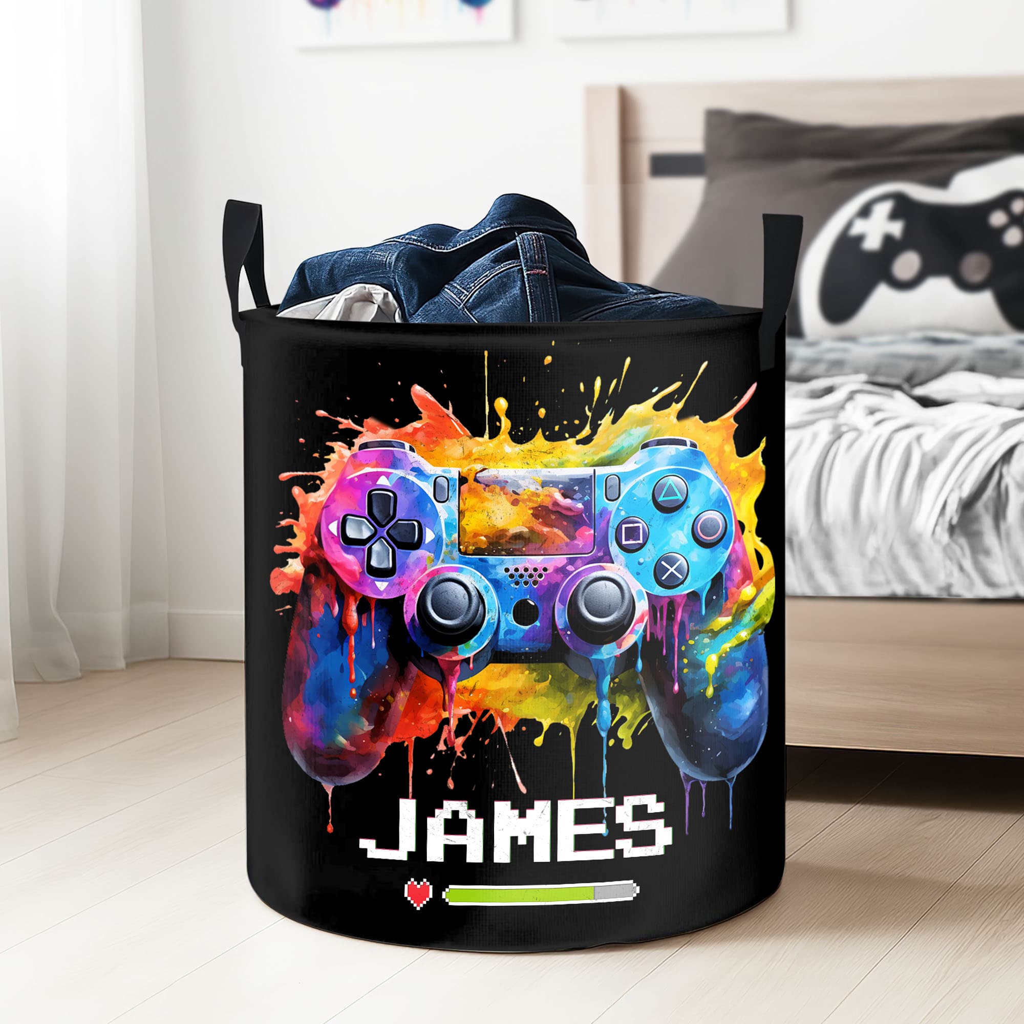 Cesto de la ropa grande impermeable personalizado con nombre y asa Regalo de inauguración de la casa para amigos amantes de los videojuegos