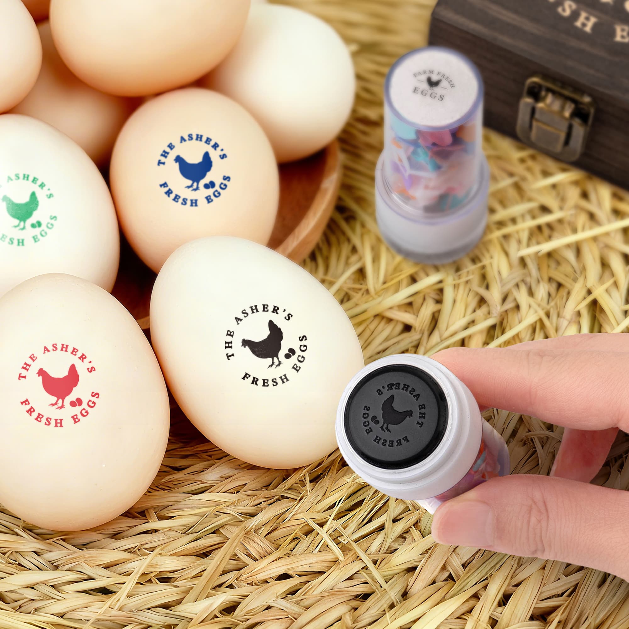 Silueta de gallina personalizada Sello para huevos con nombre Tinta alimentaria y caja Regalo de cumpleaños para familia Granjero Criador