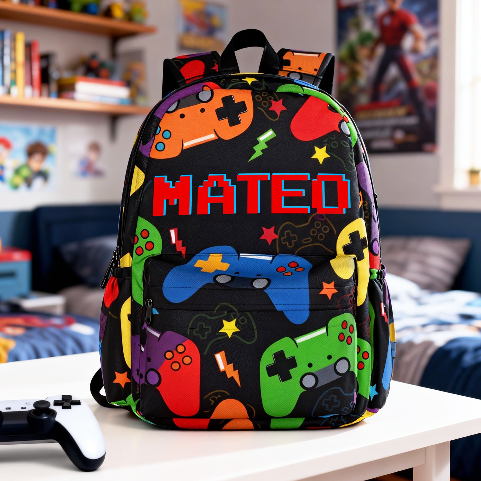 Mochila personalizada multicolor de gran capacidad con nombre para el mando de videojuegos Regalo de cumpleaños de vuelta al cole para un amigo