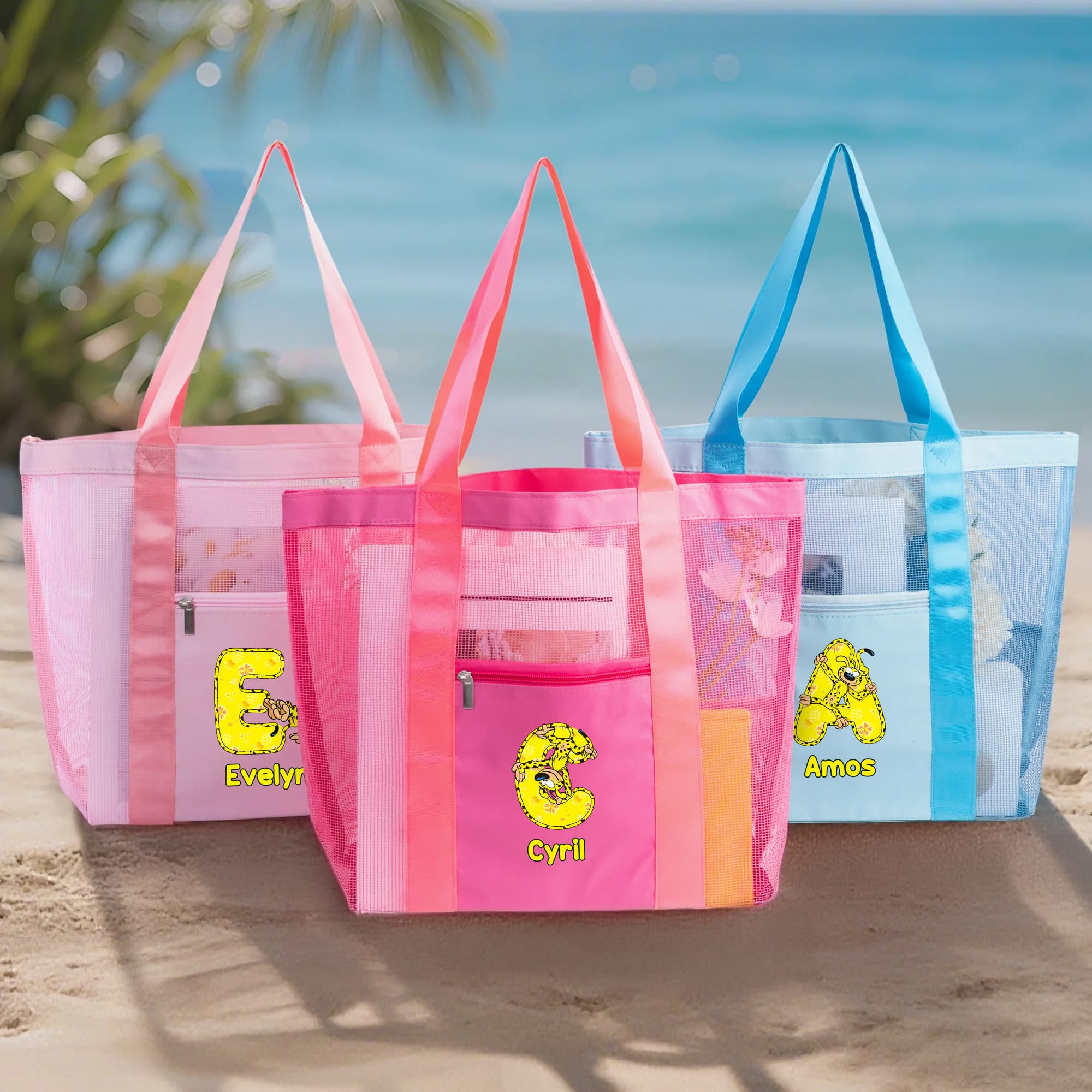 Bolsa de playa de malla Marsupilami personalizada con nombre Leopardo de cola larga para regalo de cumpleaños para mujer | Callie × Marsupilami®.