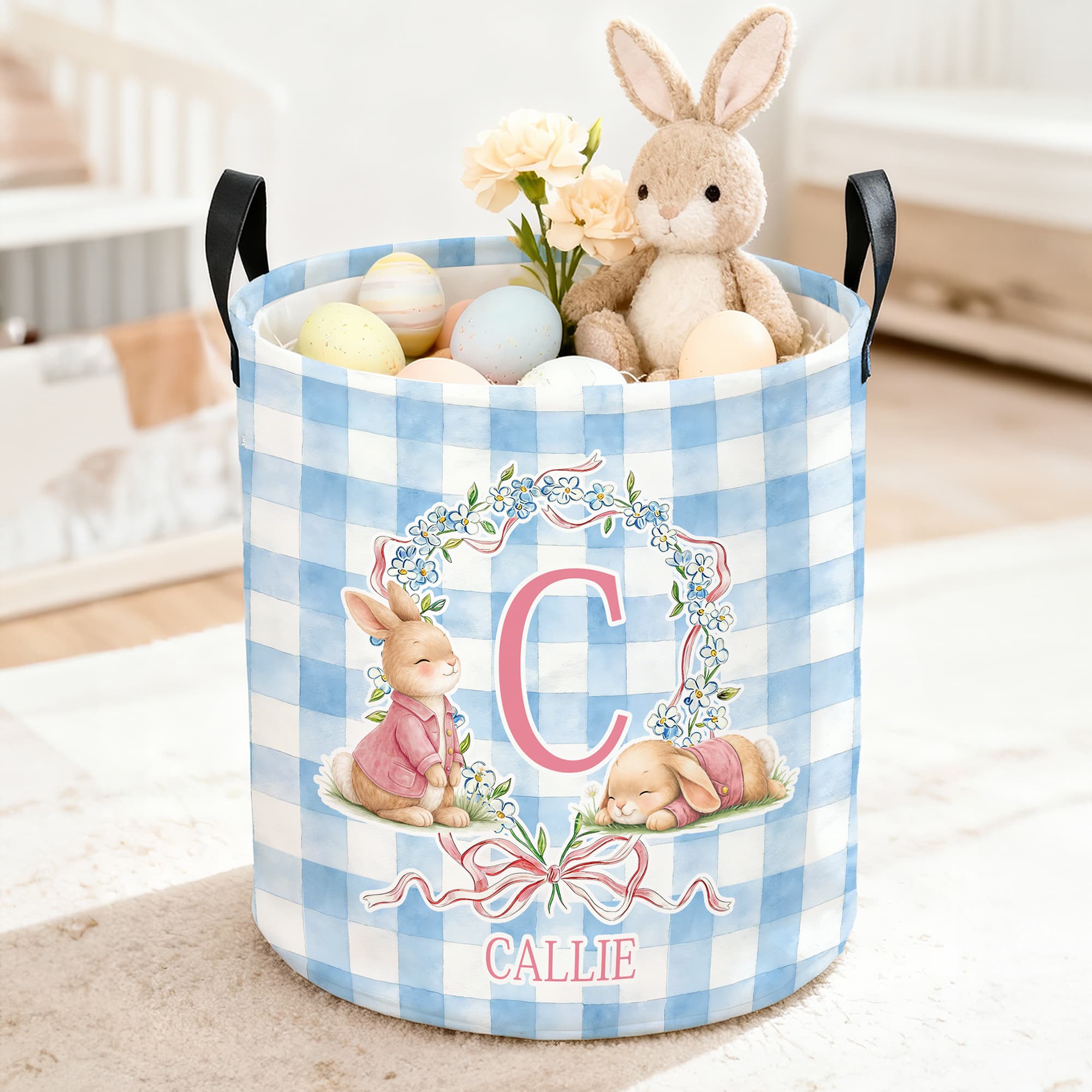 Conejito de Pascua personalizado Cesto de la ropa sucia con lazo a cuadros con inicial y nombre Regalo para el día de Pascua de uso diario para
