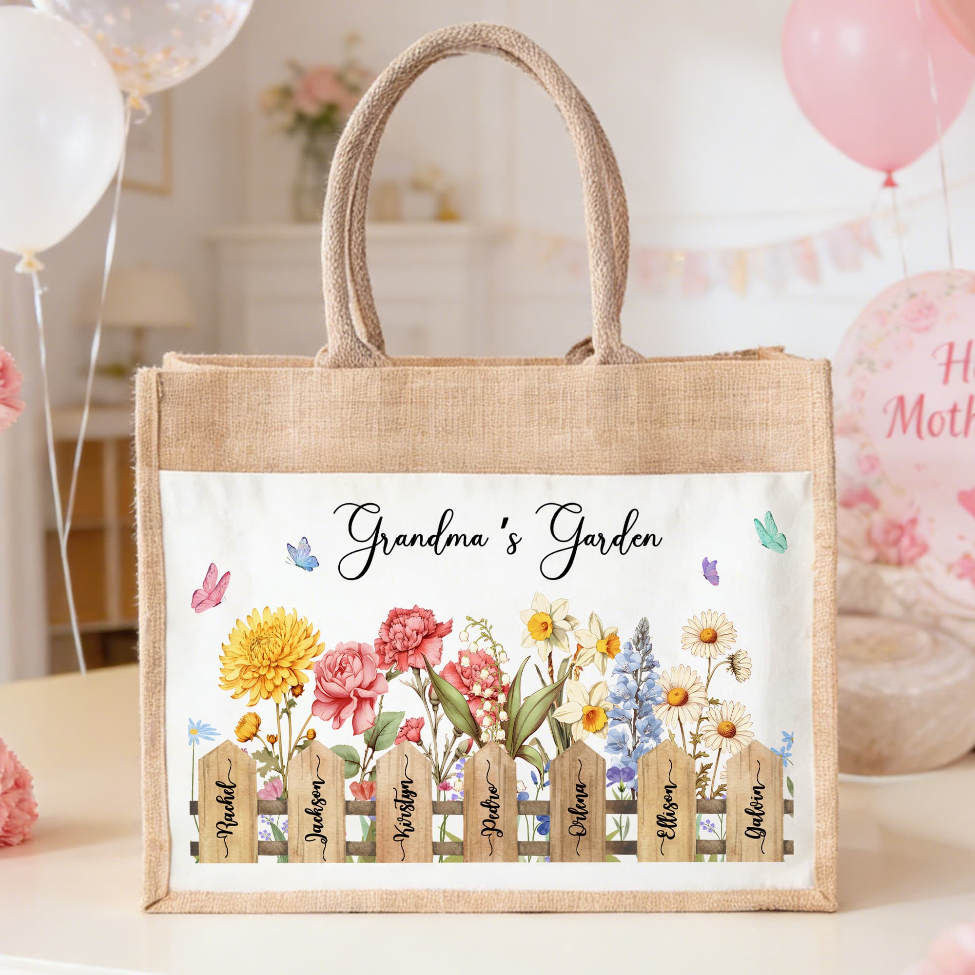 Bolsa de yute grande con 1-7 nombres y bolsillo frontal para uso diario Regalo para el Día de la Madre para mamá abuela
