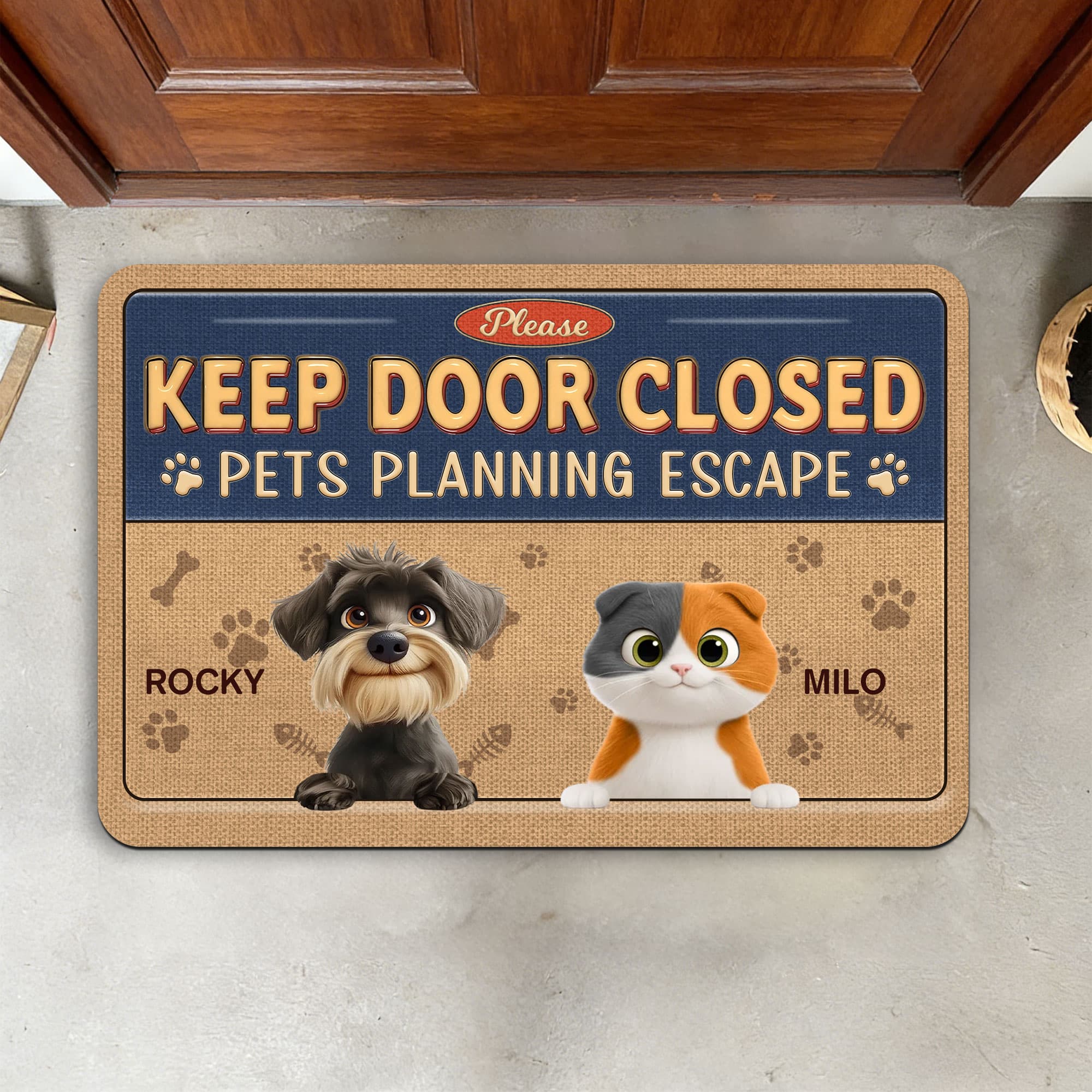Felpudo antideslizante personalizado con 1-3 nombres de mascotas de dibujos animados en 3D para mantener la puerta cerrada Regalo de cumpleaños para