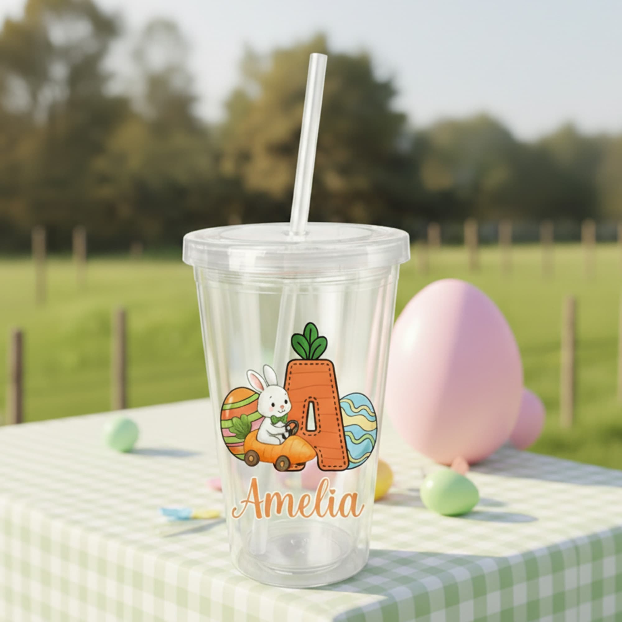 Personalizado Pascua zanahoria conejo 16 oz de plástico transparente taza de paja con el nombre y la inicial de Pascua Día de cumpleaños de regalo