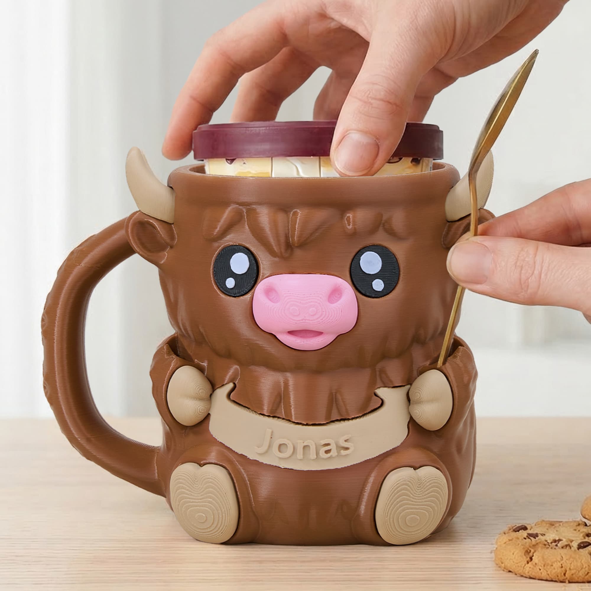 Portapintas para helados personalizado con cajón oculto para dados y nombre Regalo de cumpleaños para los amantes de las vacas de las Highlands