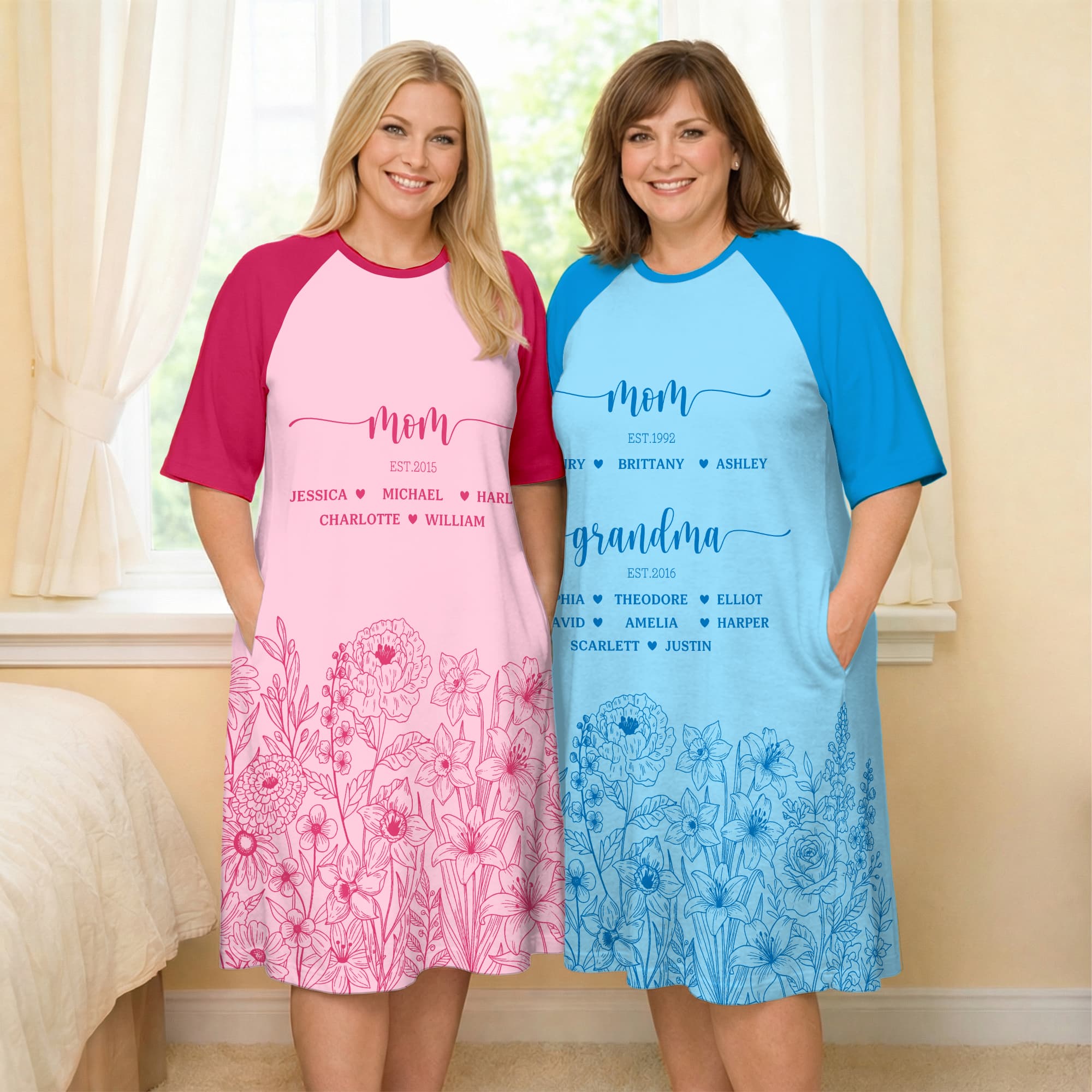 Vestido suave para dormir personalizado pintado a mano con flores, nombres y año Día de la Madre Cumpleaños Regalo para mamá Abuela