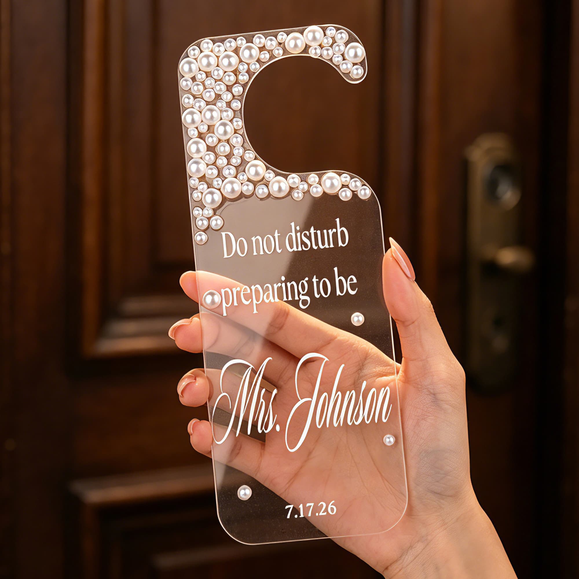 Cartel de boda de acrílico con diseño personalizado de perlas, con texto y fecha; ideal para la sala de preparación de la novia; regalo para la