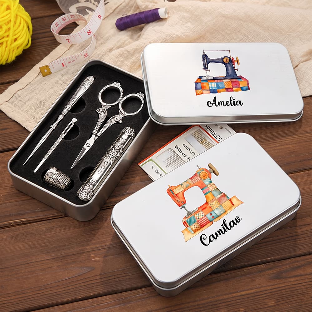 Personalizado parche máquina de coser 6 piezas de herramientas de costura con caja de lata y el nombre de regalo de cumpleaños para sastre amante de