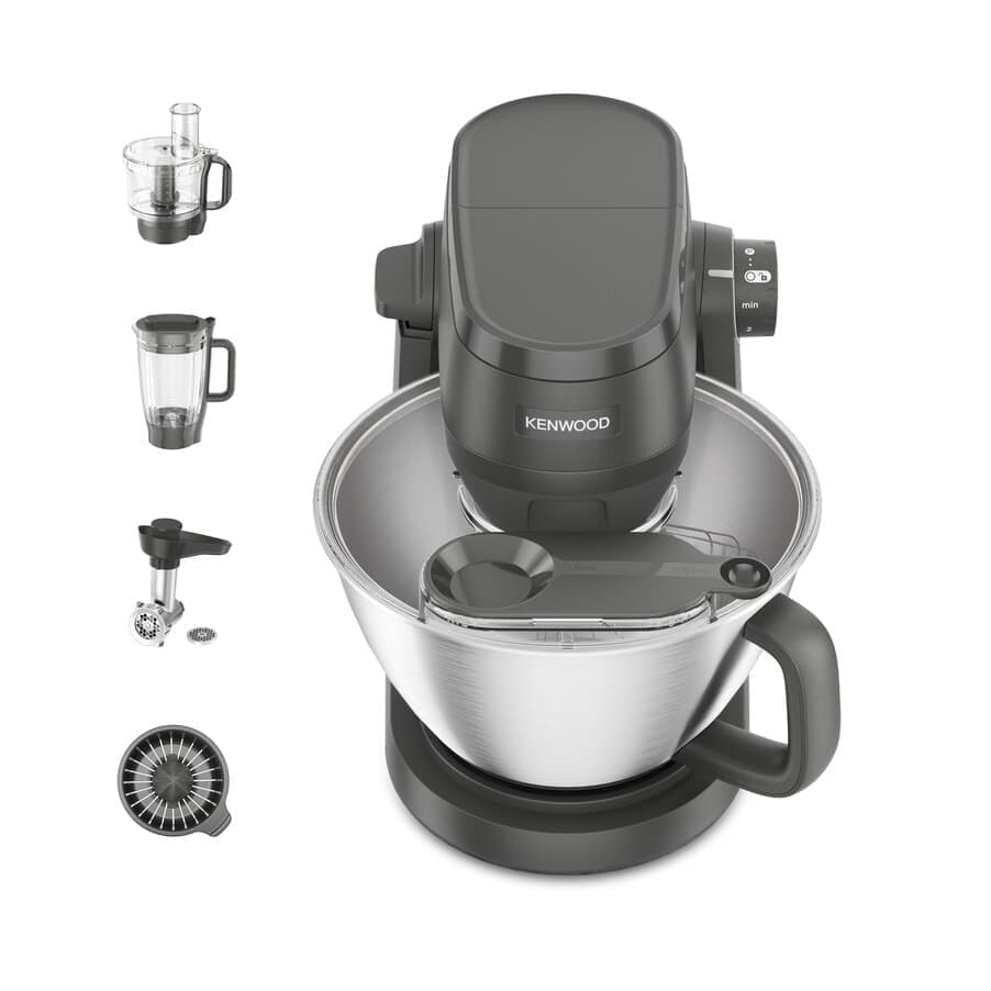 Batidora amasadora con soporte Multi Tasker gris con procesador de alimentos, batidora picadora