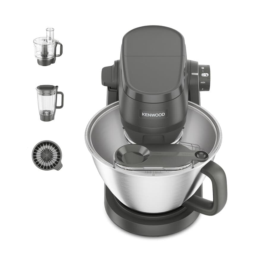 Batidora amasadora con soporte Multi Tasker gris con procesador de alimentos