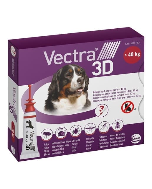 Vectra - Vectra 3D 436 mg dinotefuran, 38.7 mg pyriproxyfen, 3175 mg permethrin - Spot-on solution.