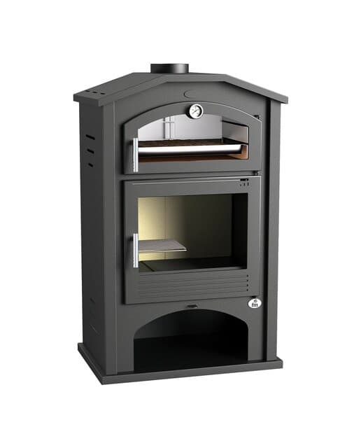 FM CALEFACCIÓN - Estufa de Leña Frontal con Horno Envolvente Acero Inoxidable y Leñero M-106.