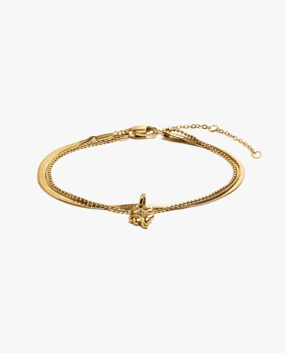 Parfois - Pulsera de cadena doble de acero inoxidable con charm decorativo de flor.