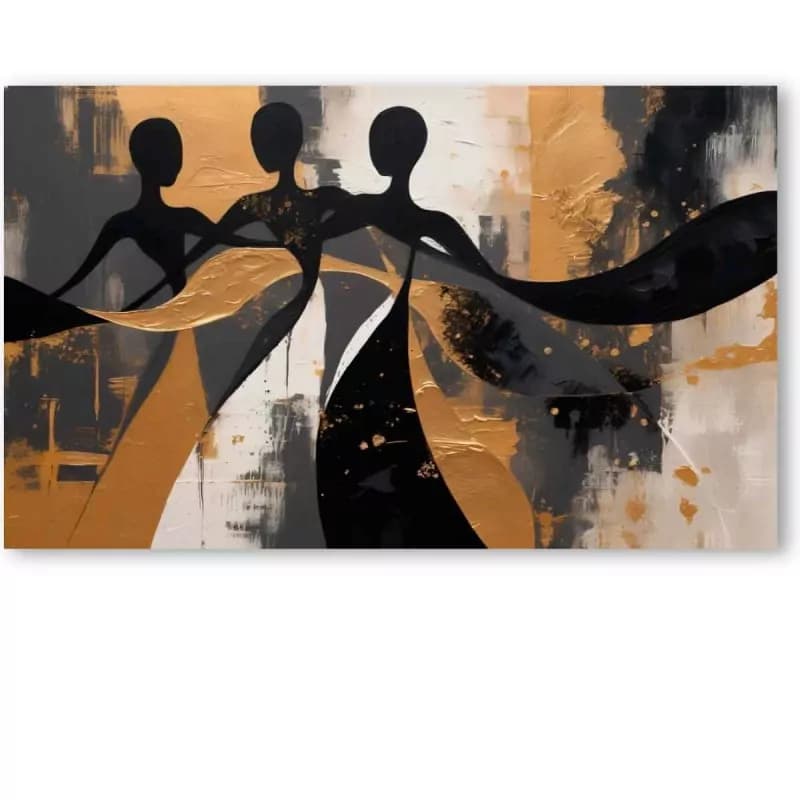 Cuadro moderno abstracto negro y dorado figuras 90 x 60 cm Marco color roble