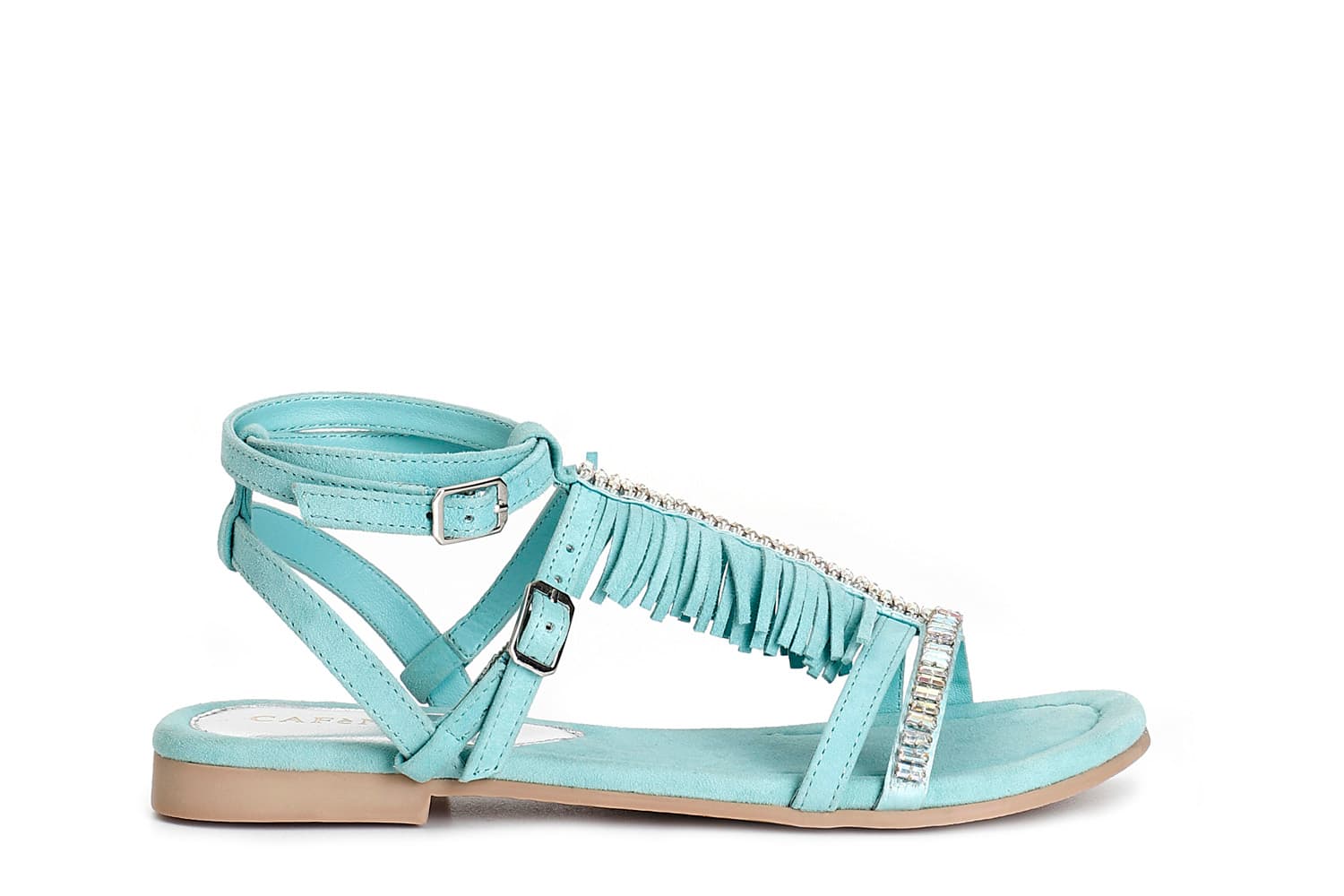 sandalias de ante con flecos y cadena de strass. aquamarine 36