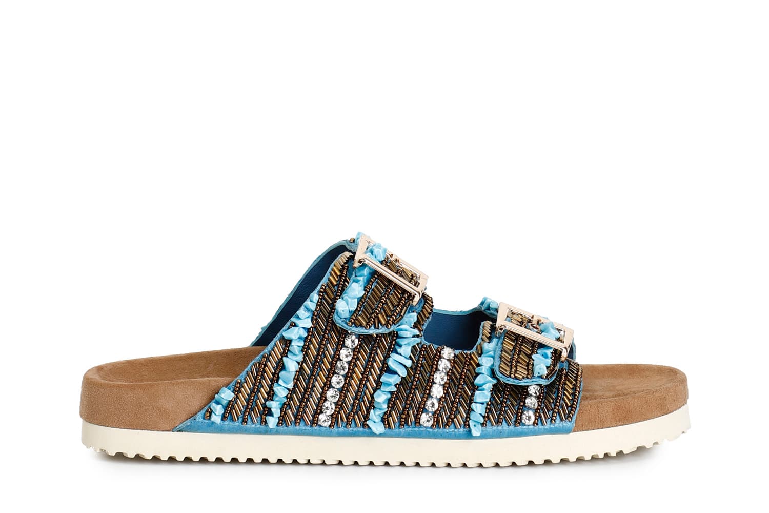zapatilla con doble hebilla y bordado turquoise 36
