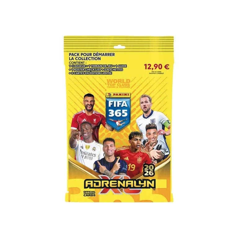 Pack inicial de cartas coleccionables Panini FIFA 365 Adrenalyn XL 2026 Mega con álbum, 3 sobres, 2 cartas Edición Limitada Amarilla - Nuevo