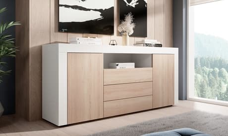Aparador de diseño moderno con múltiples cajones y puertas: Blanco y sonoma
