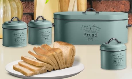 Juego de botes metálicos para cocina de Herzberg: Negro con tapas de bambú (3 botes y 1 caja de pan)