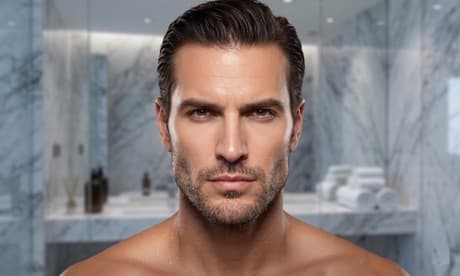 Limpieza facial hombre con microdermoabrasión o peeling tratamiento específico y máscara led