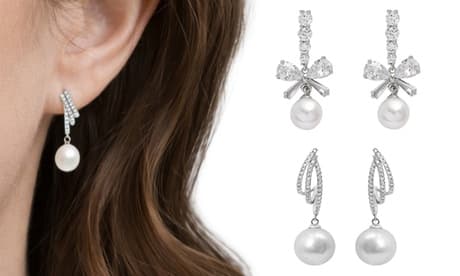 Pendientes colgantes con cristales brillantes y perlas: Lazos / 1 par