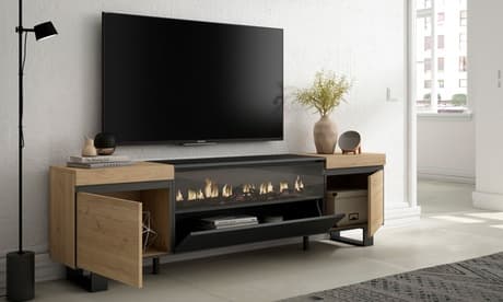 Mueble de TV con almacenamiento: Negro y roble / Con patas / Con chimenea
