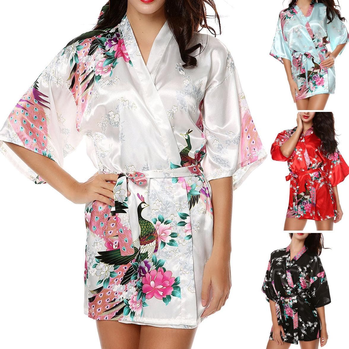 Bata de seda floral real para mujer, vestido de novia Sexy, ropa de dormir, camisón, bata de baño tipo kimono cm morado claro