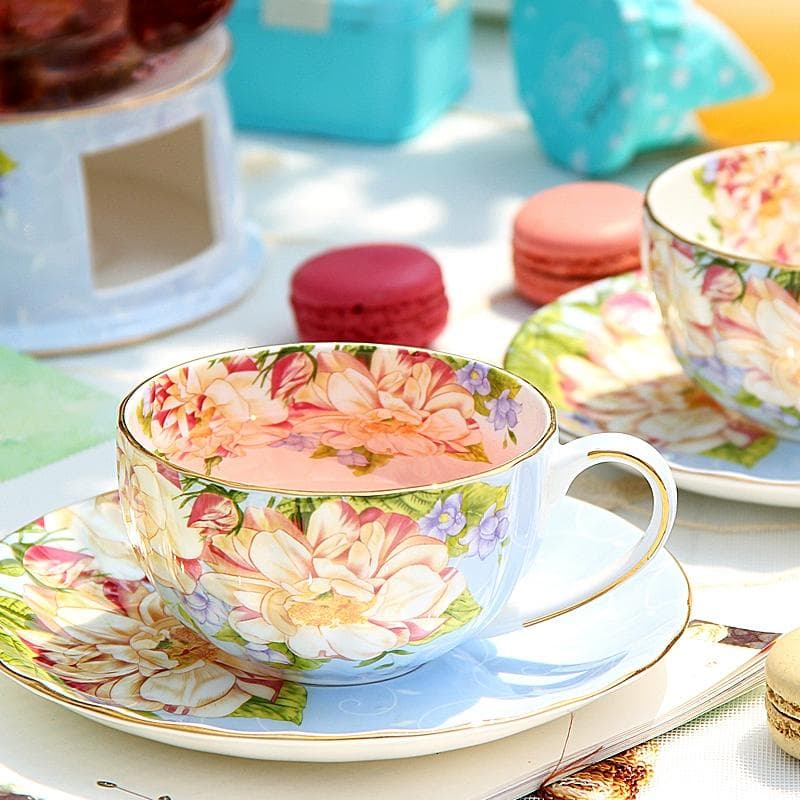 Taza de Café y Platillos Florales de Porcelana - Taza Calabaza Lujo Ligero Bone China Taza de Té 200ml, 1 Juego color rosa