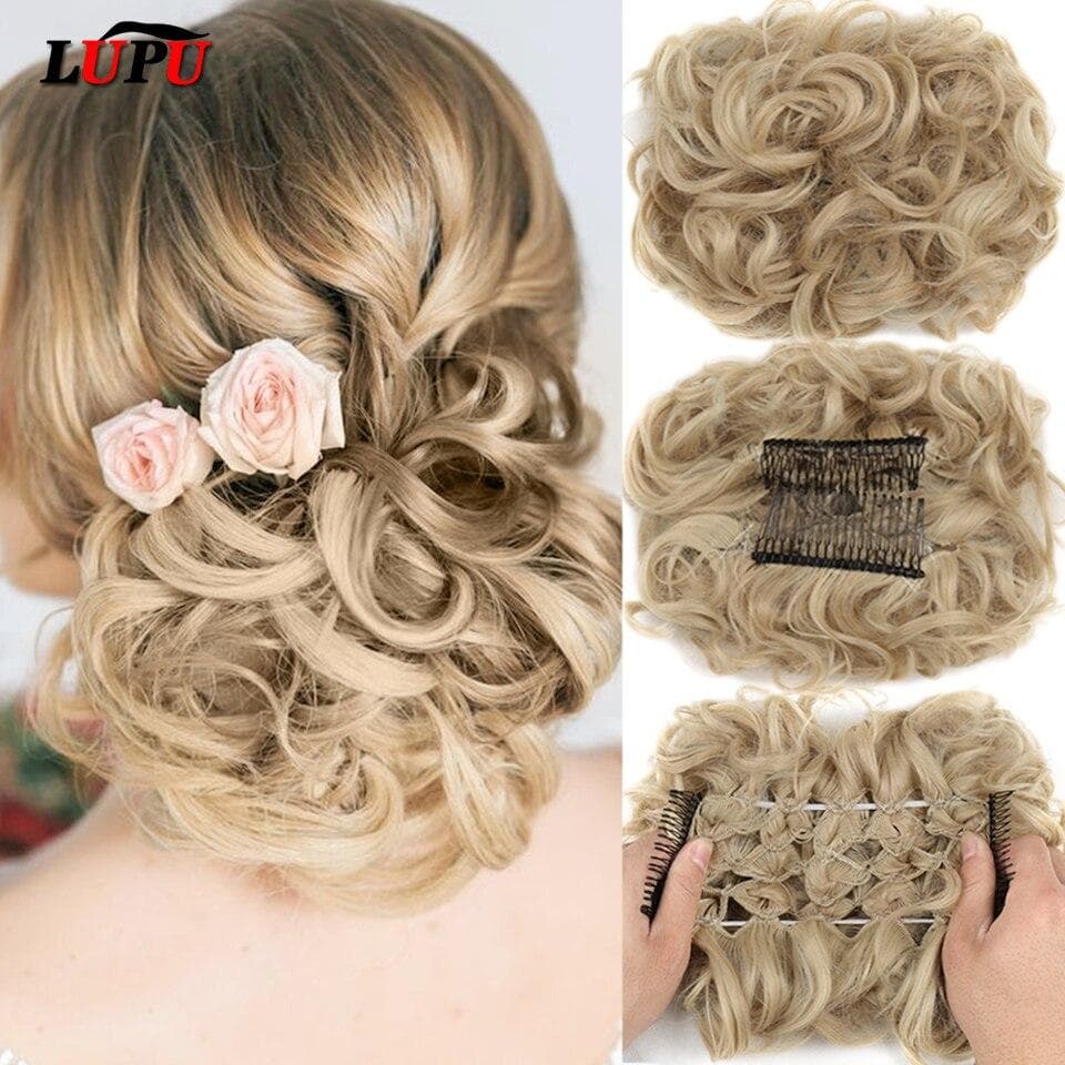 LUPU-moño de pelo sintético para mujer, peine con Clip, moño rizado desordenado, banda elástica, extensiones de cabello para mujer, negro y