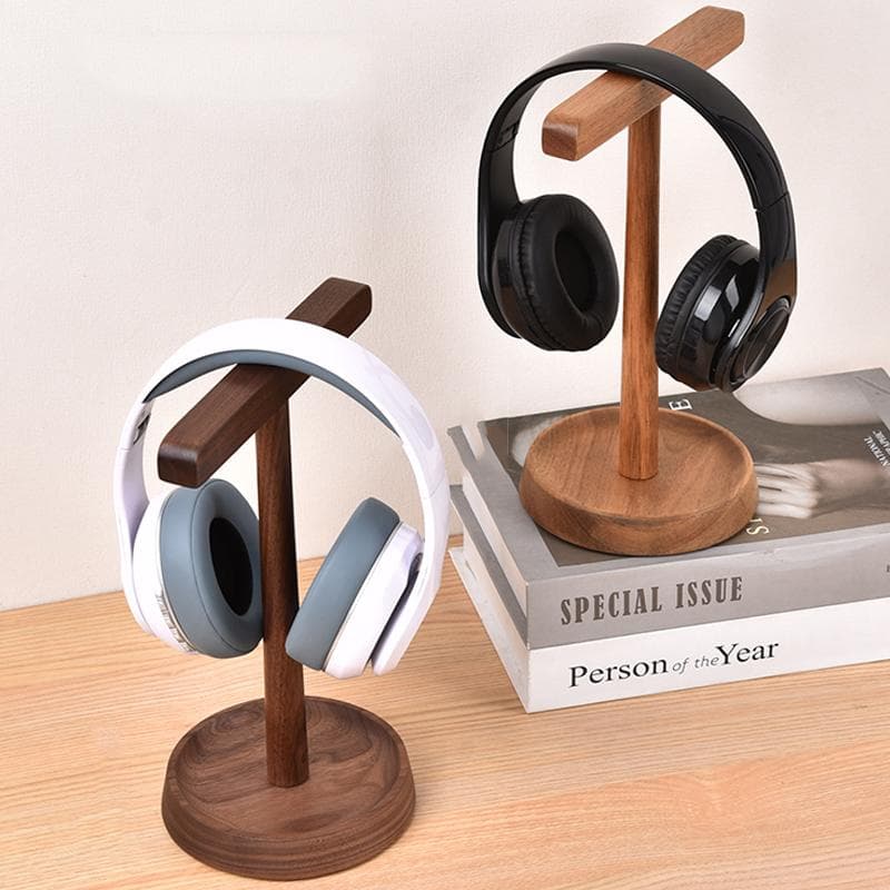 Soporte Doble para Auriculares de Madera Maciza Nogal Negro/Madera de Acacia Soporte Colgador de Escritorio para Auriculares de Diadema con Base de Al