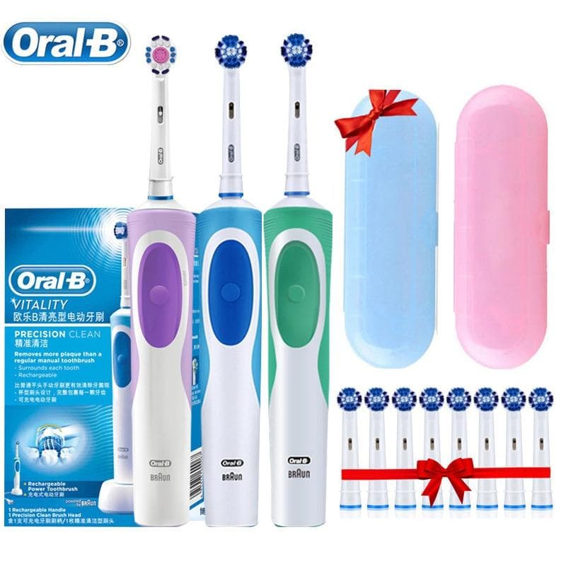 Oral B cepillo de dientes eléctrico de doble limpieza, rotación, tipo vibración, recargable, cepillo de dientes Oral B con 8 cabezales + caja de