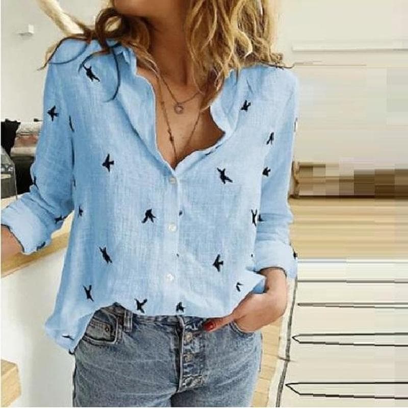 Camisas de algodón con botones y manga larga con cuello vuelto para mujer, blusas holgadas de color liso de talla grande, blusa blanca y azul cm