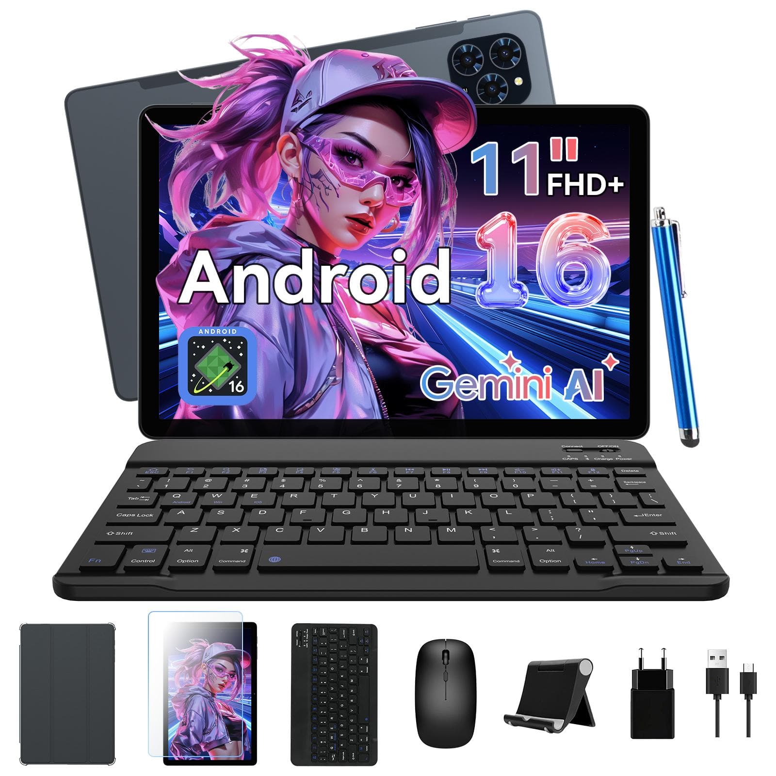 Tableta Android ZENVA T90 11 pulgadas FHD+ 1920*1200 Android 16 Batería 8000mAh 24GB RAM Expandible Con Teclado y Ratón negro