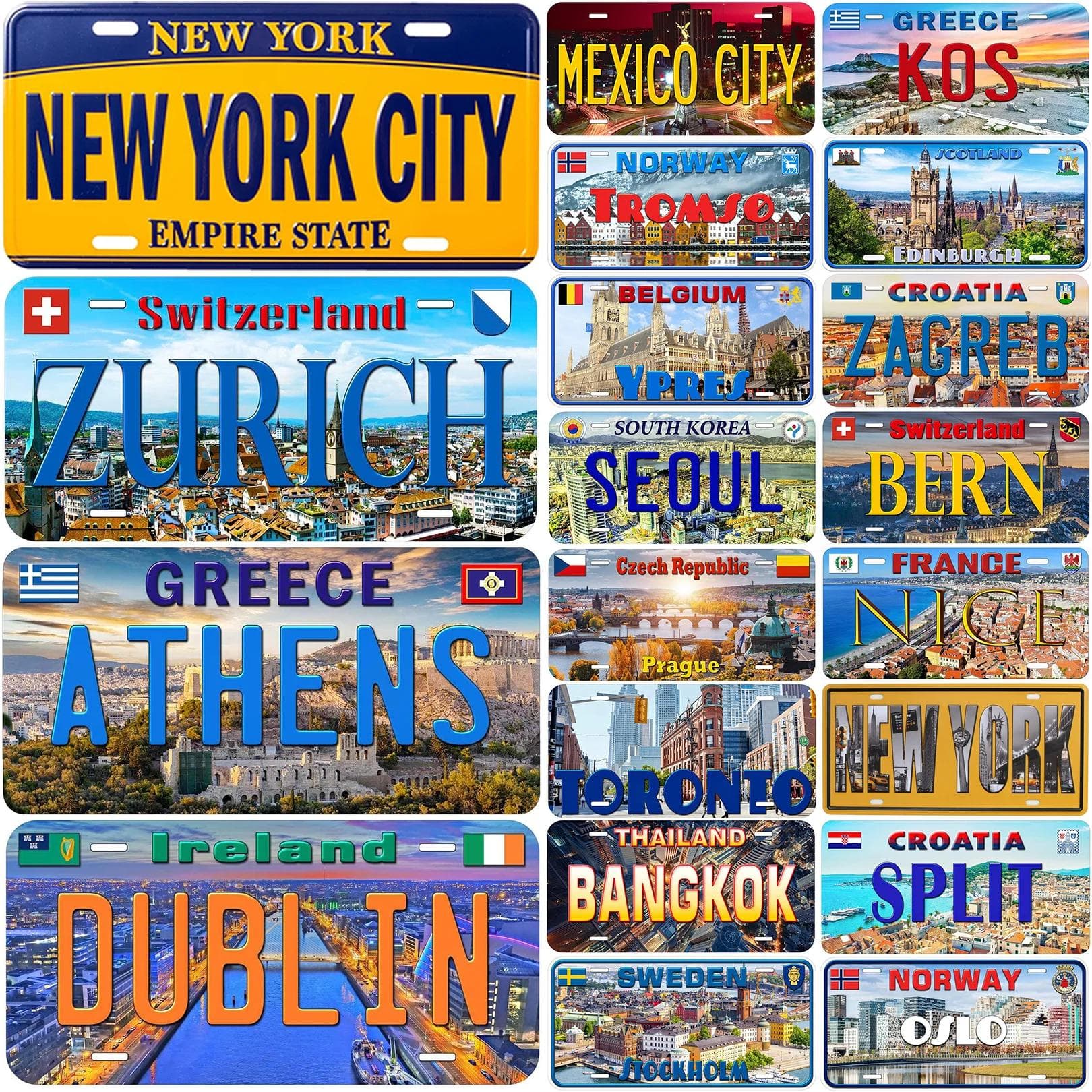 Placas de matrícula antiguas, letreros decorativos, letreros vintage de Nueva York, Zúrich, Dublín, Atenas, etiquetas de la ciudad, letreros de