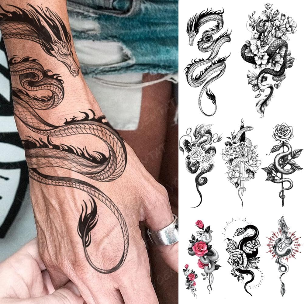 Tatuaje temporal a prueba de agua pegatina serpiente negra dragón tótem Flash tatuaje Tigre flores rosas arte corporal brazo Tatuaje falso hombres