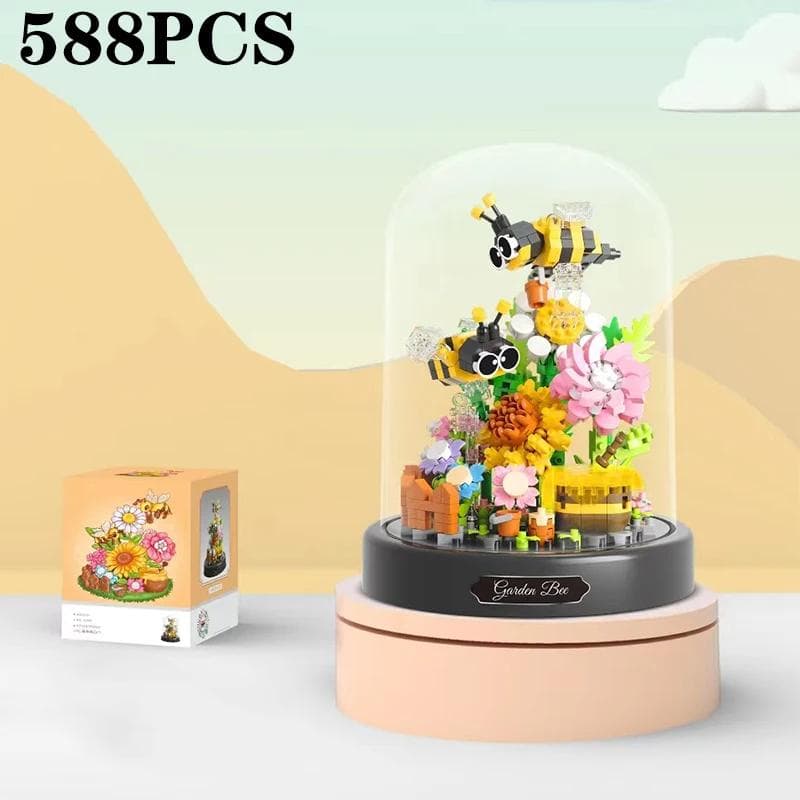 Bloque de Construcción Bonsái de Flor de Insecto Abeja Mariposa Modelo en Maceta Set de Ladrillos Con Cubierta Antipolvo Deco de Escritorio Juguete