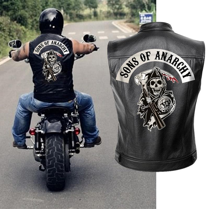 Sons of Anarchy Chaqueta de cuero Chaleco Hombres Motocicleta Chaquetas de primavera SOA Punk Negro Motorrad Gilet cm negro