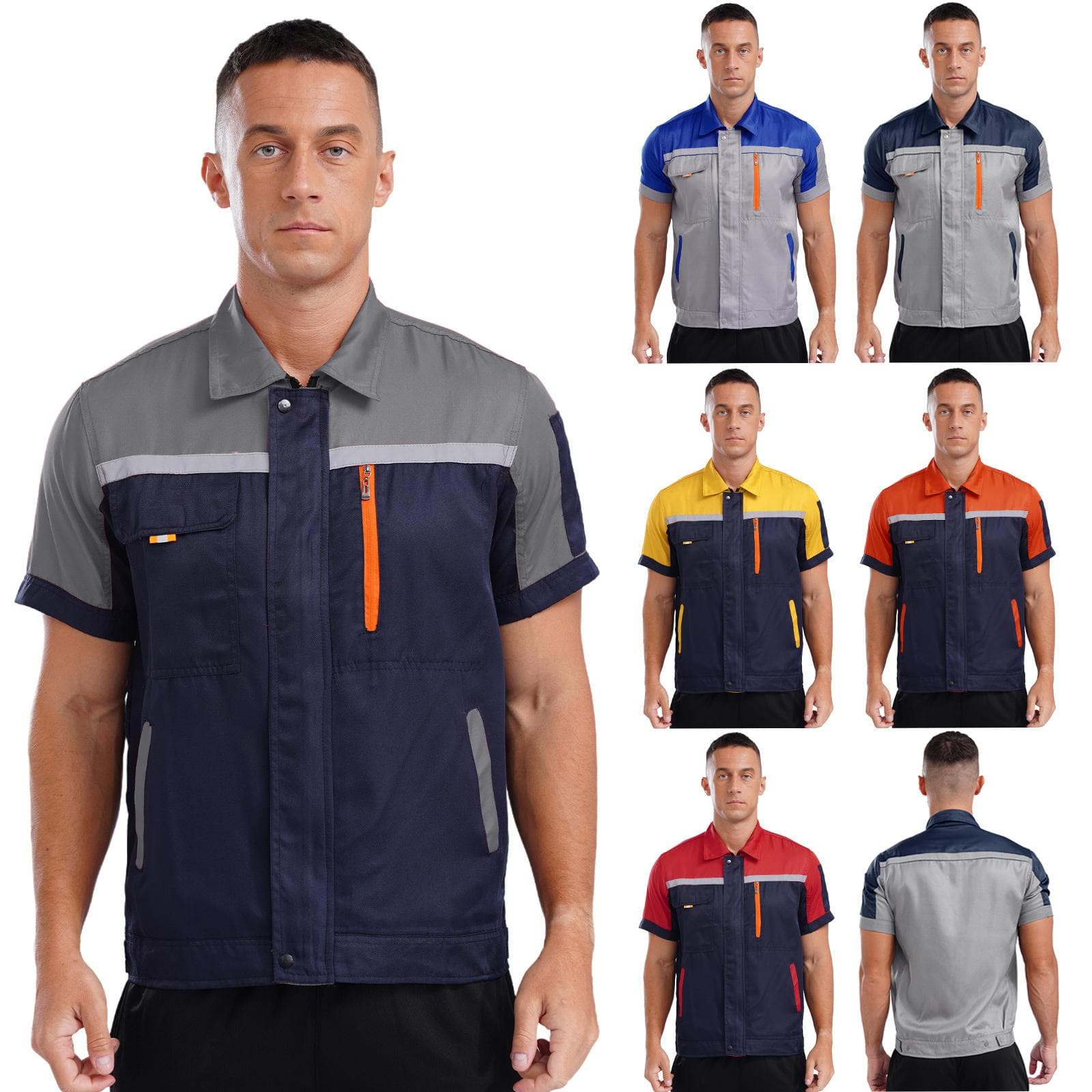 Camisa de Trabajo de Alta Visibilidad para Hombre Rayas Reflectantes Cierre de Cremallera Manga Corta Chaqueta de Taller con Bolsillos cm azul marino/