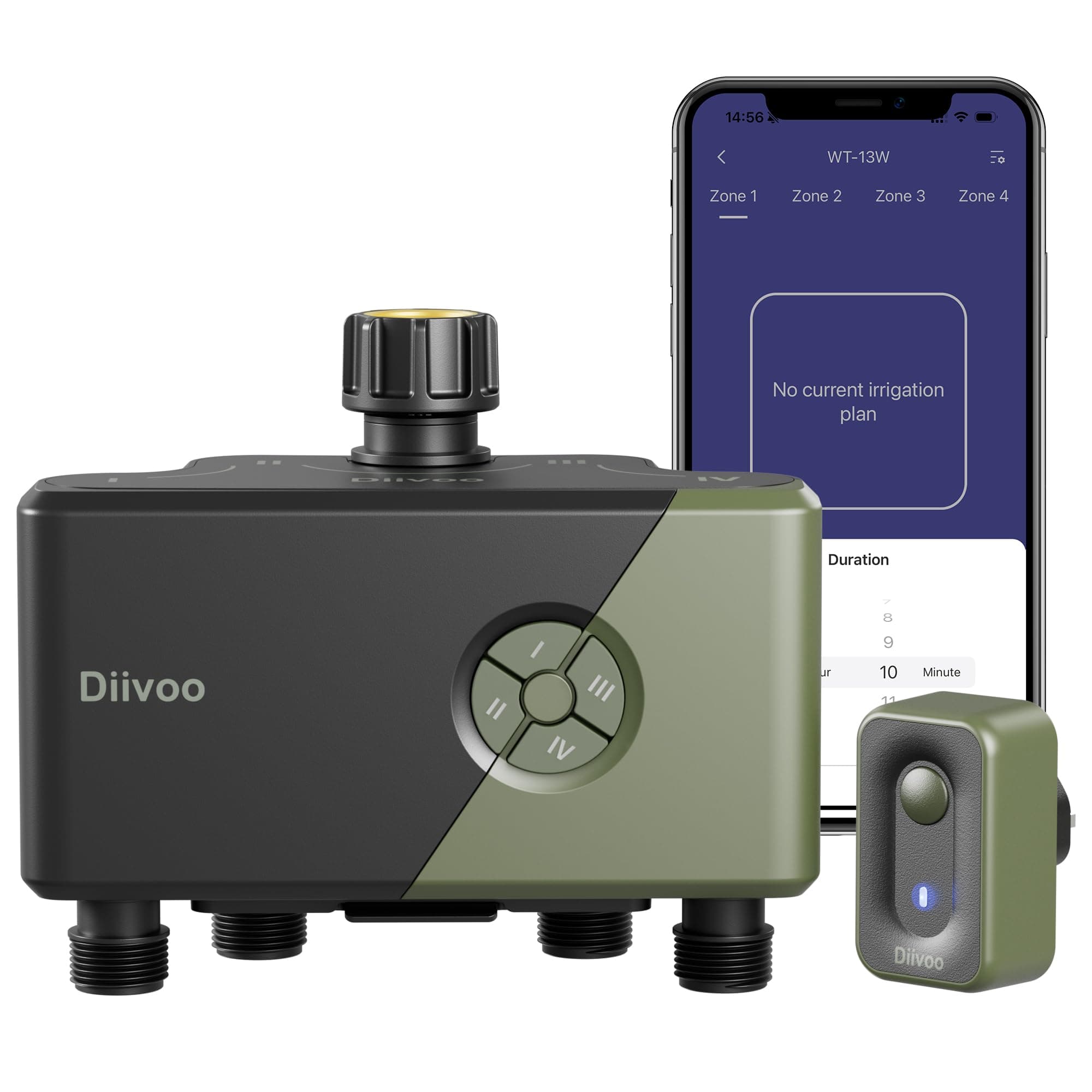 Diivoo Temporizador de riego de jardín de 4 zonas, controlador de riego por goteo automático Wifi, válvula de agua, sistema de riego automático de