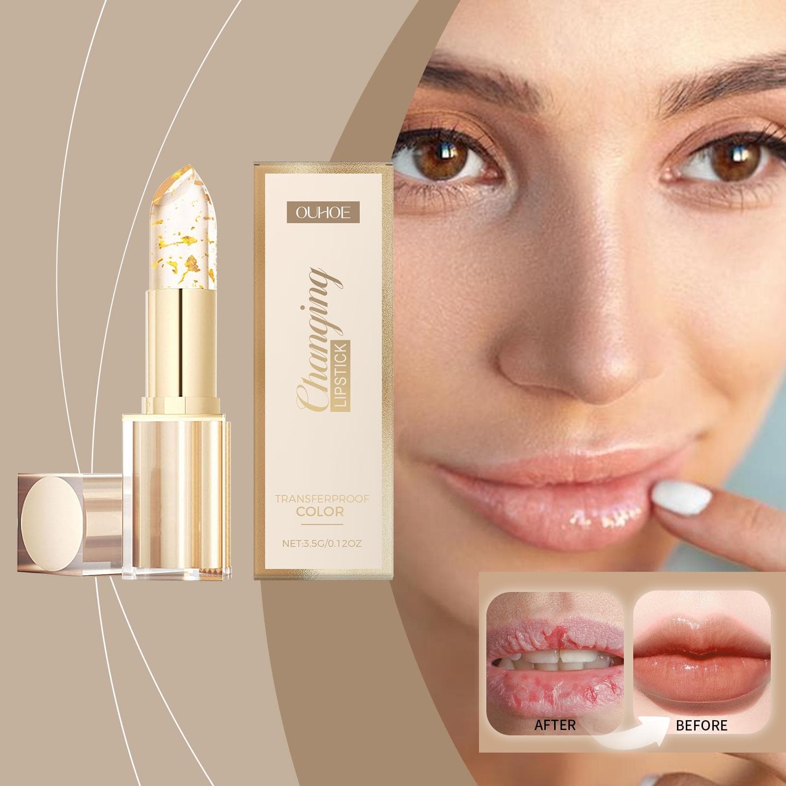 OUHOE Lápiz Labial Nutritivo Hidratante Hidratante Color Cambiante Lámina de Oro Labios de Cristal Suaves No Grasoso