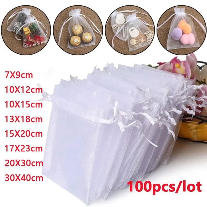 100 Unidades/lote 7x9 9x12 10x15 13x18CM Bolsas de Organza Bolsa para Joyas Decoración Fiesta de Boda Bolsas con Cordón Bolsas de Regalo Embalaje