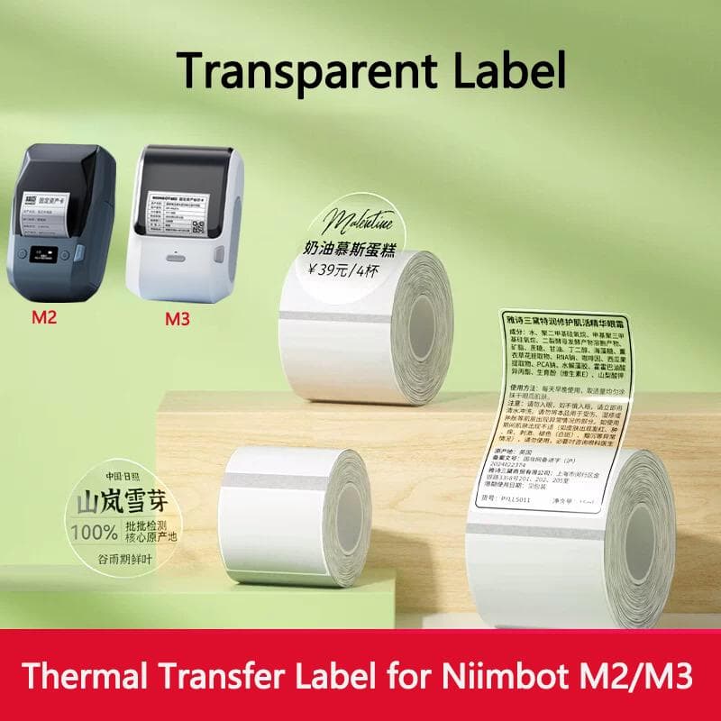 Etiqueta Transparente Niimbot M2/M3 Autoadhesiva Papel de Impresión por Transferencia Térmica Impermeable Resistente al Desgarro Pegatinas de