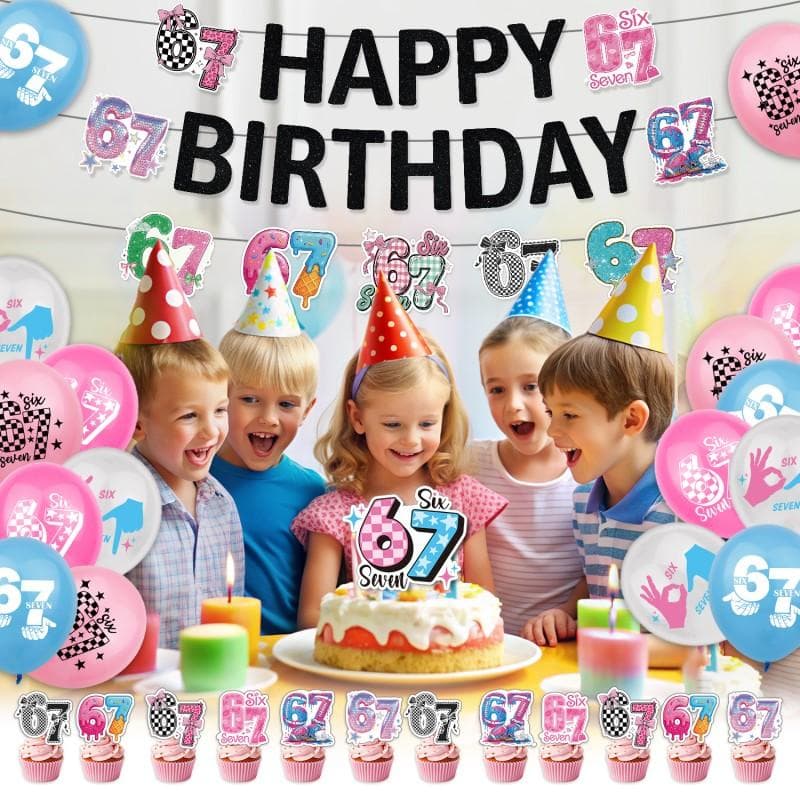 Decoraciones para Fiesta Temática Seis-Siete Pancarta para Fiesta de Cumpleaños 67 Juego de Globos Topper para Tarta Suministros para Fiesta