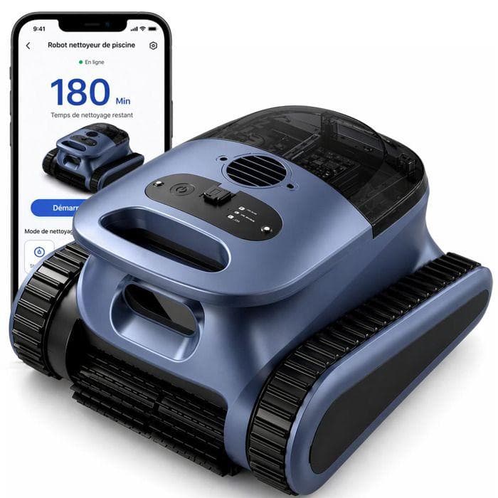 Robot Piscina Inalámbrico, Limpia Fondo/Paredes/Línea de Agua, 180Min&200m² de Autonomía, Robot Aspirador, Filtración Ultra Fina, con APP azul