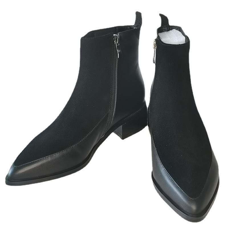 Botas de tobillo de mujer de cuero genuino de talla grande 22-26,5 cm de piel de vaca + gamuza de vaca con cremallera lateral puntiaguda botas Chelsea