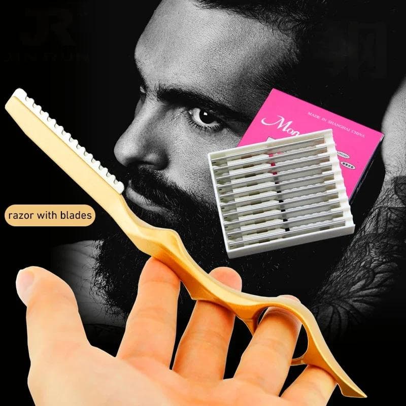 Cuchillo para Cortar el Pelo Adelgazador Navaja Adelgazadora 10 Cuchillas Shavel Recto Palo de Navaja de Peluquería Kit Giratorio de Barbero