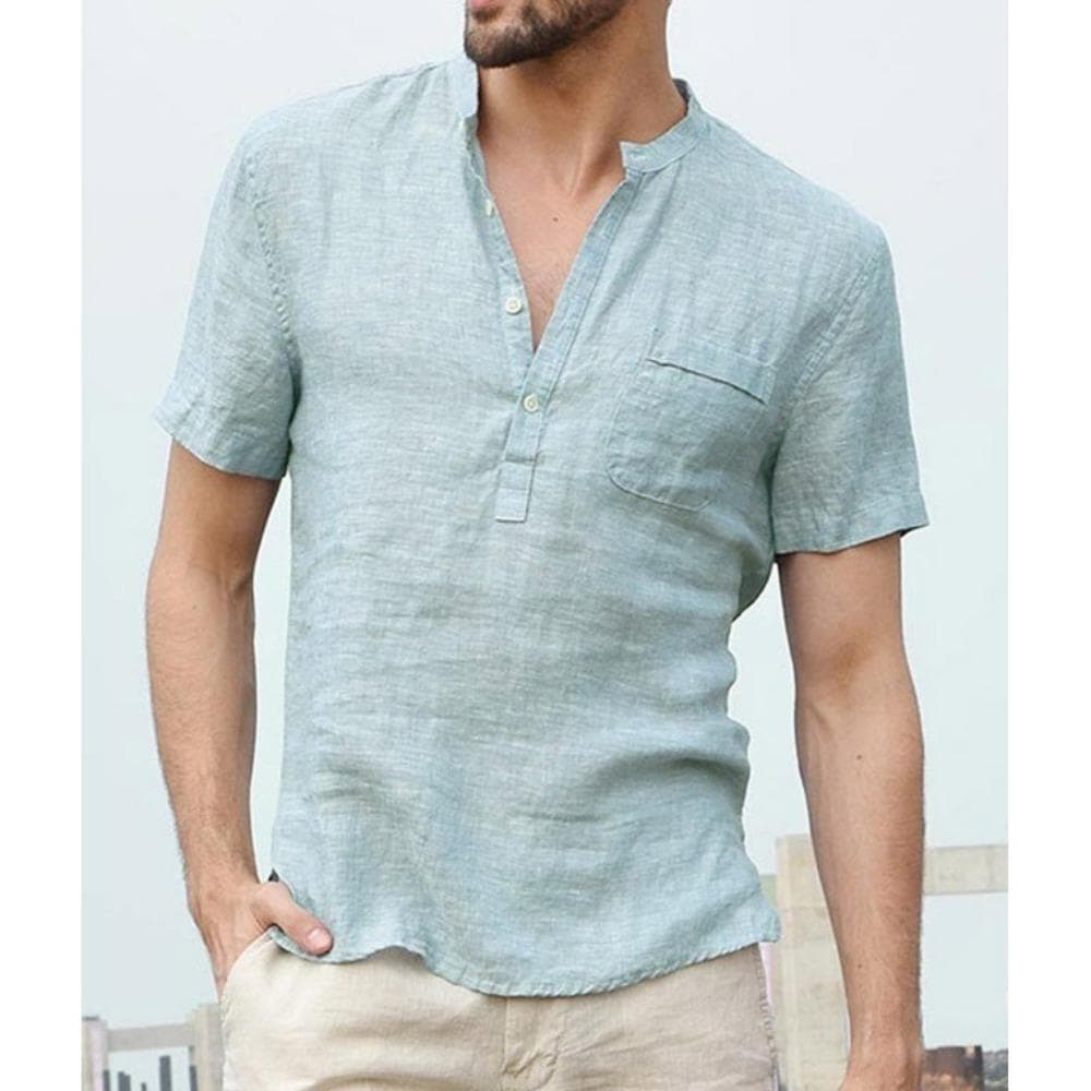 Camisa de manga corta de lino y algodón para hombre, camisas negras medio abiertas con botones y cuello levantado, Color sólido, S-5XL cm negro