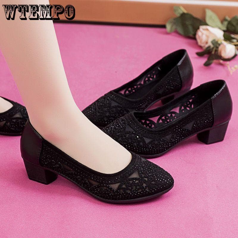 Sandalias de mujer con diseño de malla hueca y decoración de diamantes de imitación, sandalias de mujer de cuero suave, antideslizantes, suela