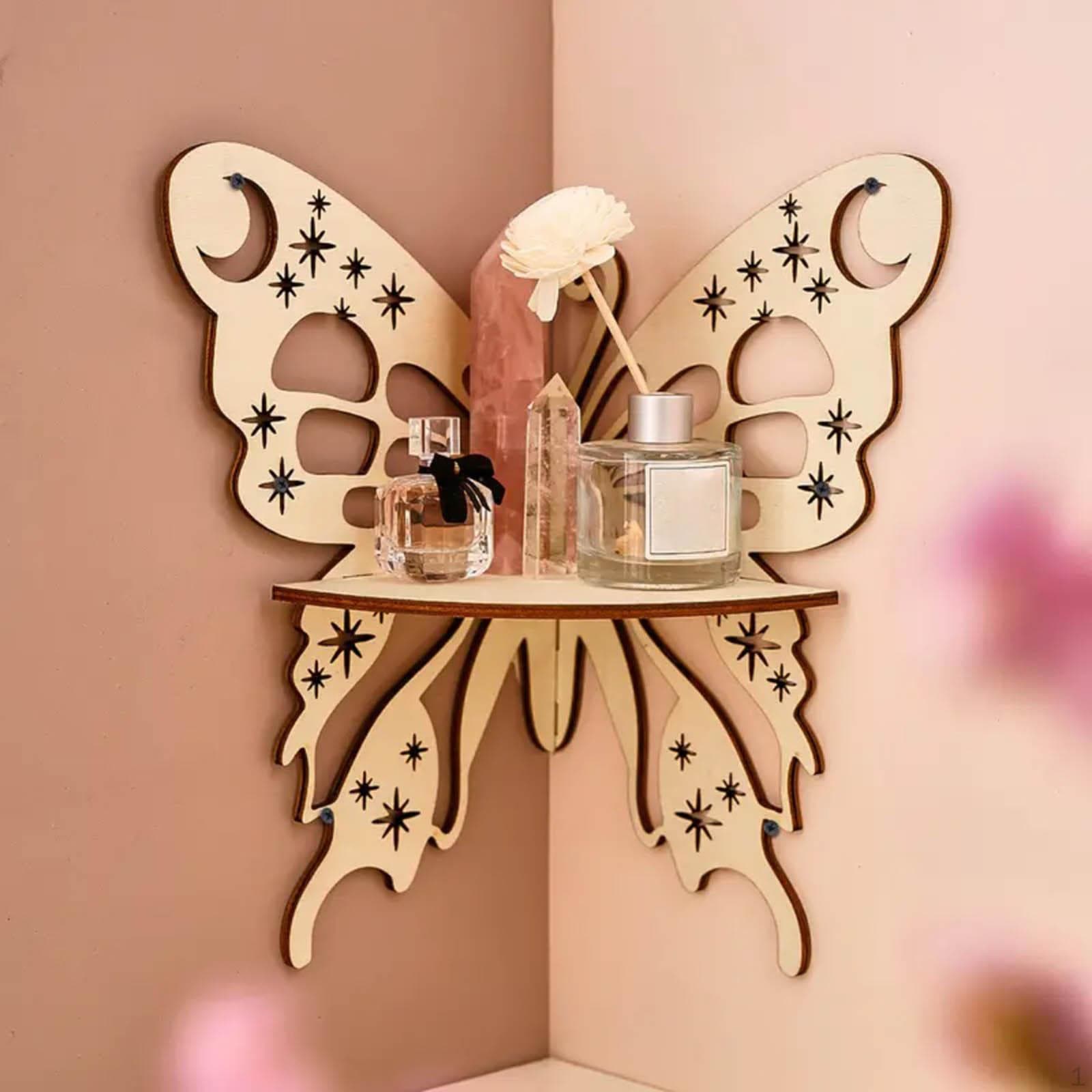 Estantería de Esquina Flotante Estante de Almacenamiento Moderno Creativo Diseño de Mariposa Decoración de Pared de Madera para